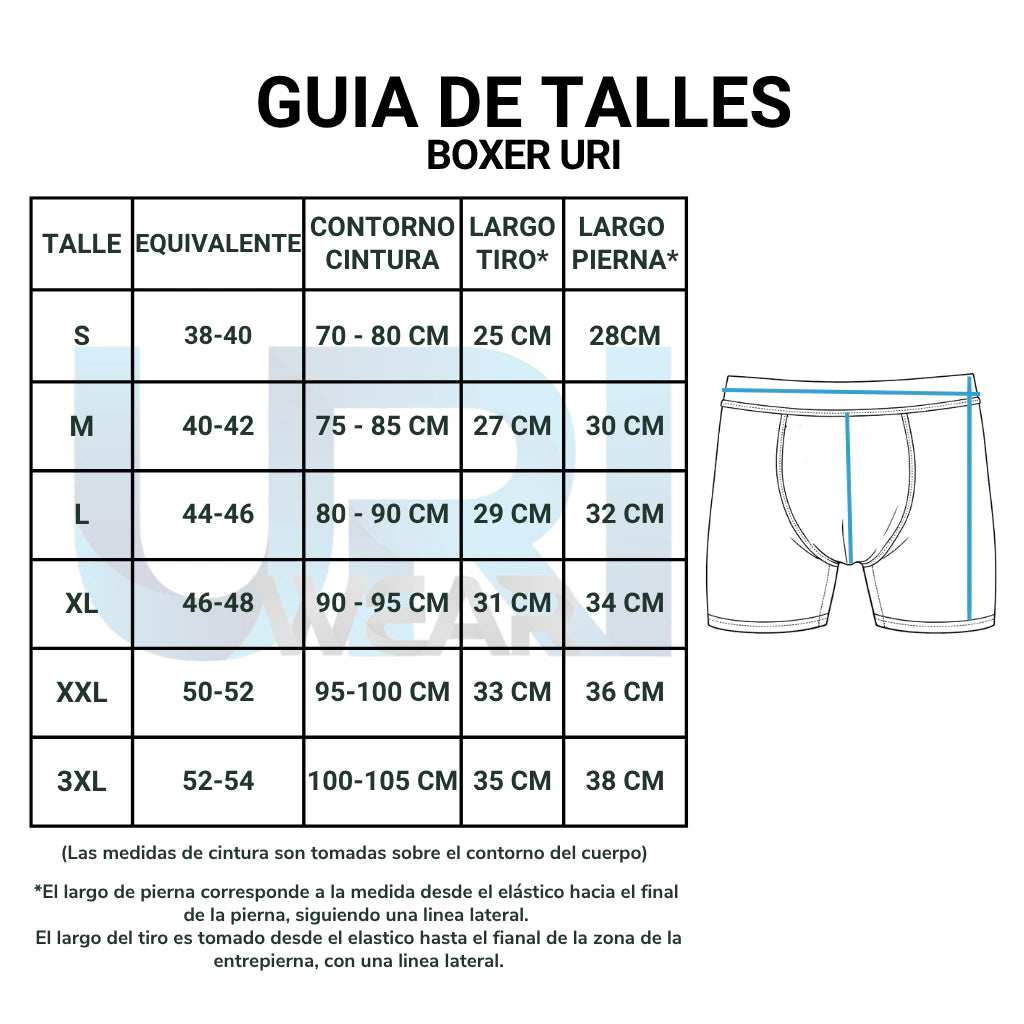 Tabla de talles del boxer Uri Wear de S a 3XL con contorno de cintura, largo de tiro y largo de pierna