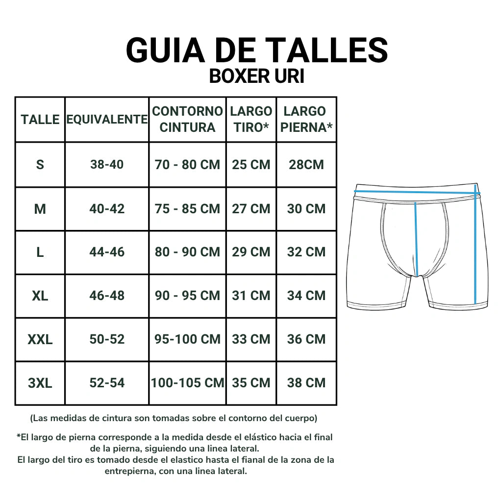 Tabla de talles del boxer Uri Wear de S a 3XL con contorno de cintura, largo de tiro y largo de pierna